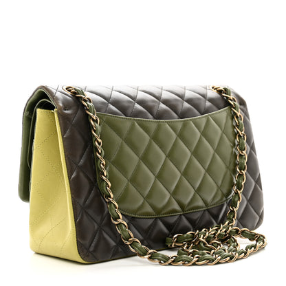 Chanel Lambskin Quilted Tri-Color Jumbo Double Flap Green Brown 3 of 12