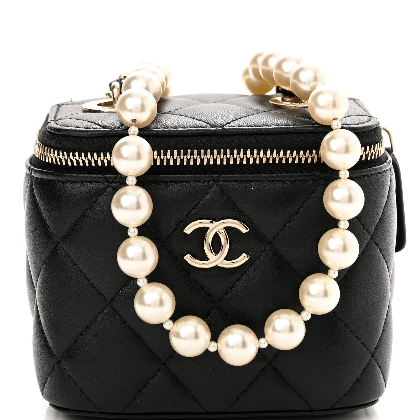 Lambskin Quilted Mini Vanity Case With Pearl Chain Black
