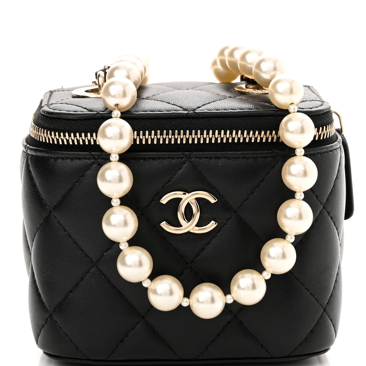 Chanel Lambskin Quilted Mini Vanity Case With Pearl Chain Black 9 of 12