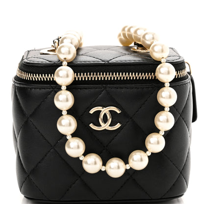 Chanel Lambskin Quilted Mini Vanity Case With Pearl Chain Black 9 of 12
