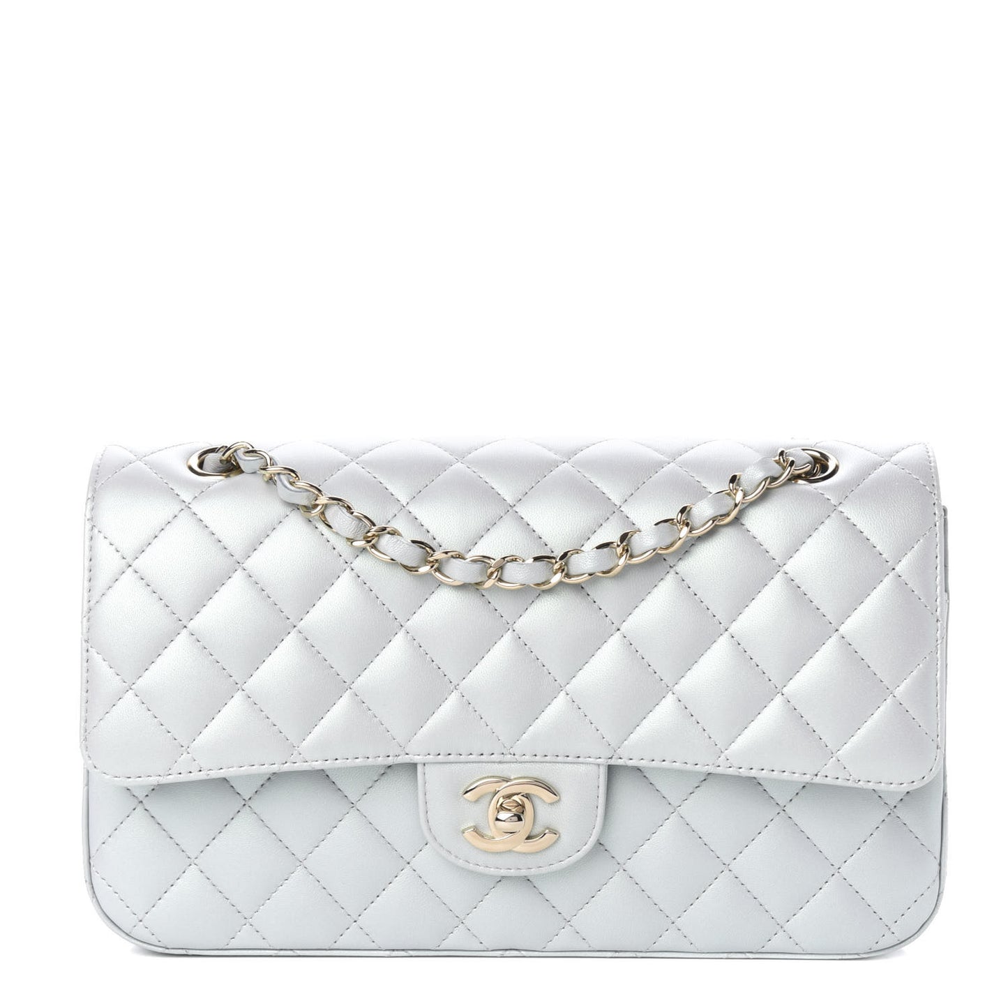 Iridescent Lambskin Quilted Medium Double Flap Light Blue