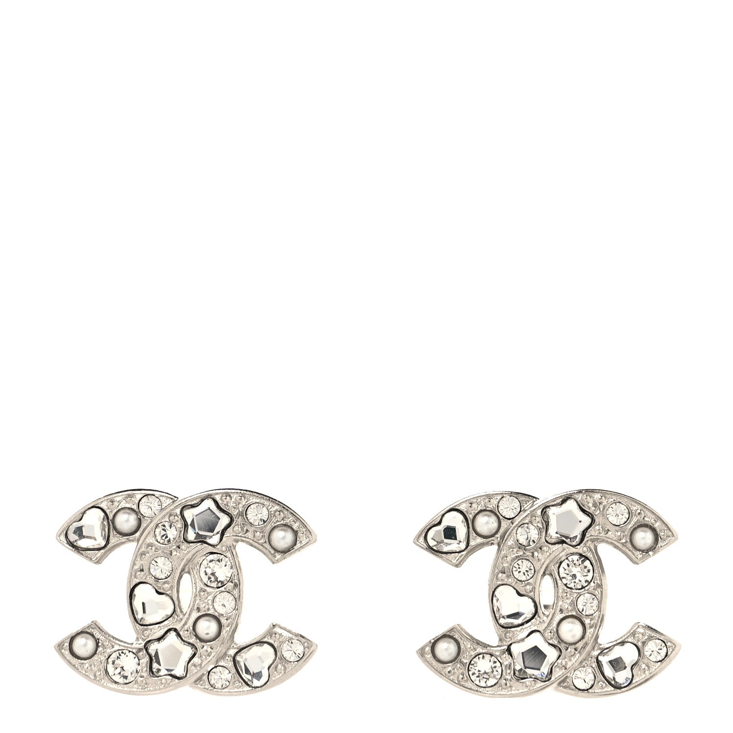 Chanel Crystal Pearl Heart CC Clip On Earrings Silver 2 of 10