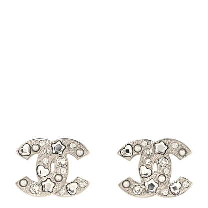 Chanel Crystal Pearl Heart CC Clip On Earrings Silver 2 of 10