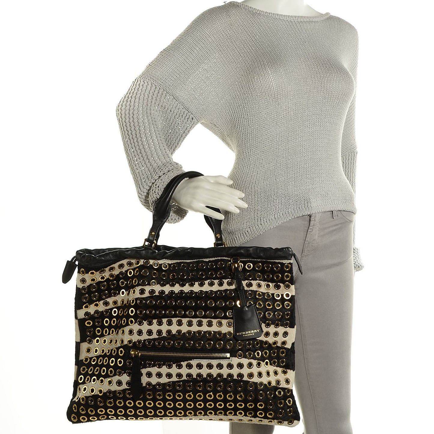 Calf Hair Zebra Print Grommet Big Crush Tote Black