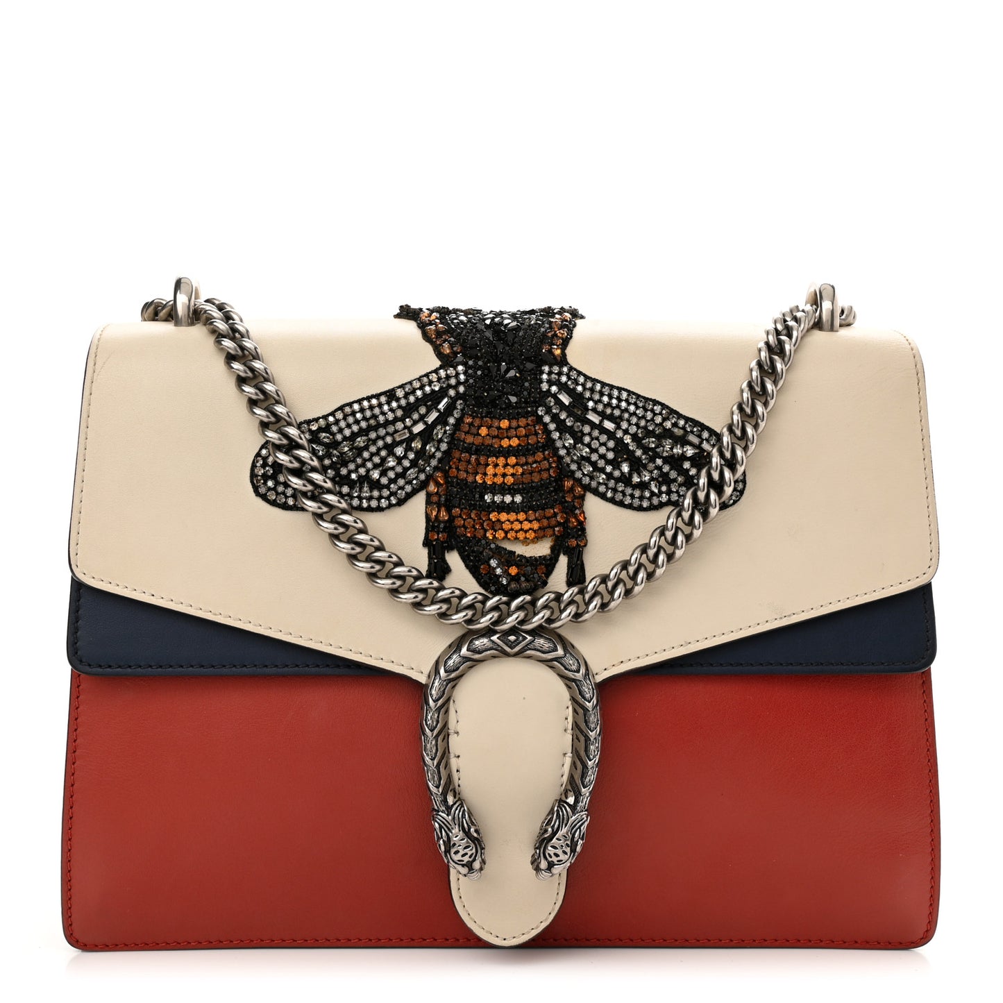 Calfskin Bee Embroidered Medium Dionysus Shoulder Bag White Blue Hibiscus Red