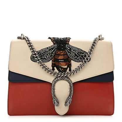 Gucci Calfskin Bee Embroidered Medium Dionysus Shoulder Bag White Blue Hibiscus Red 1 of 16