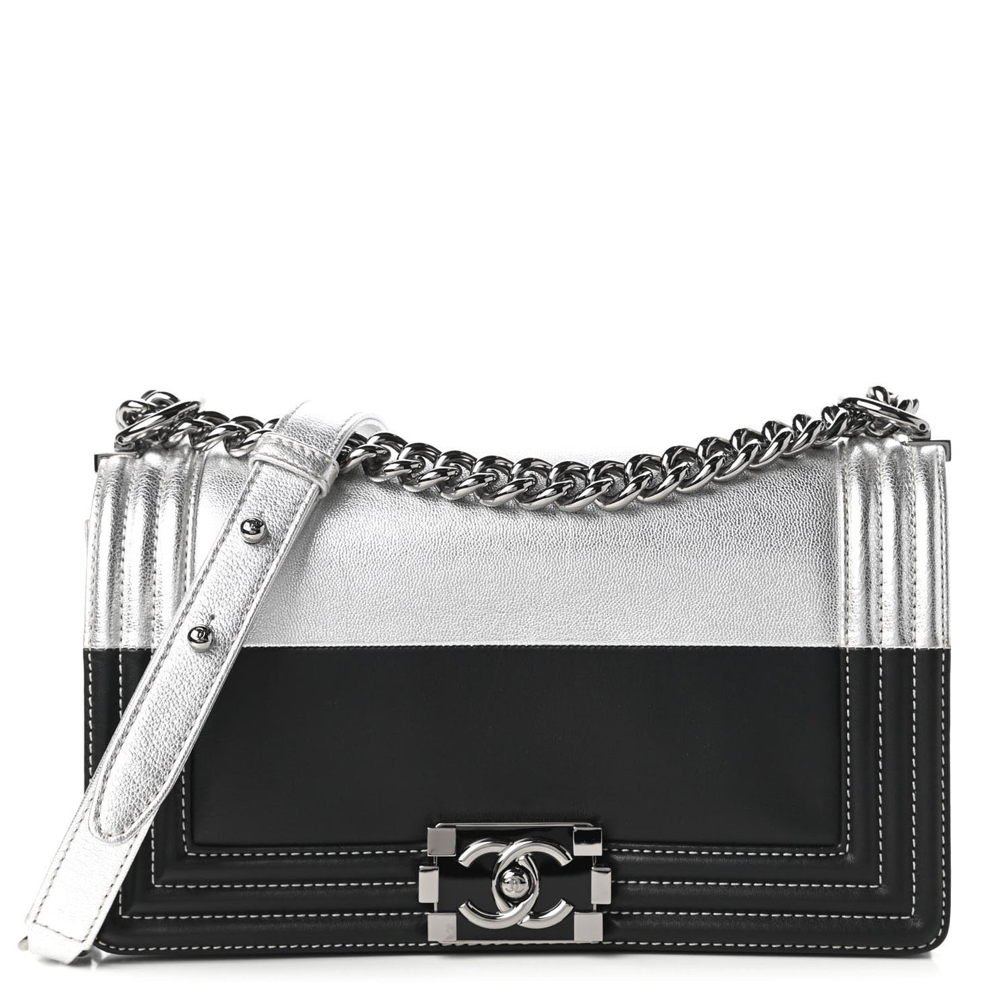 Metallic Goatskin Calfskin Medium Boy Flap Silver Black