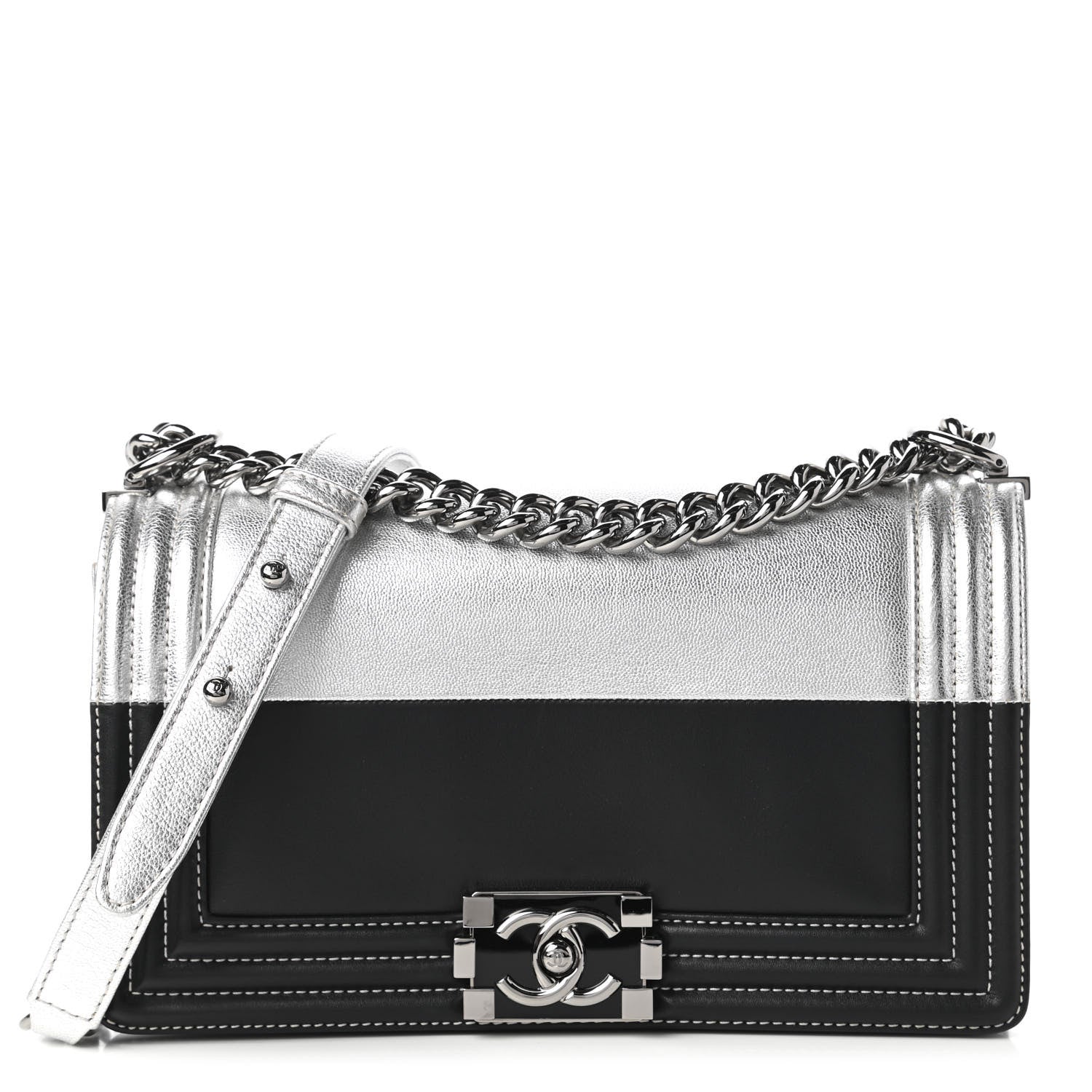 Chanel Metallic Goatskin Calfskin Medium Boy Flap Silver Black 1 of 11