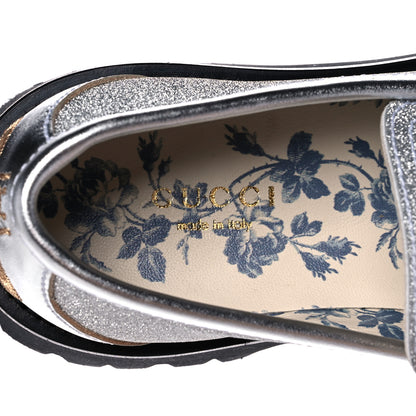 Gucci Mini Diamond Storm Silk Calfskin Womens Harald Horsebit 25mm Platform Loafers 35 Silver 8 of 10