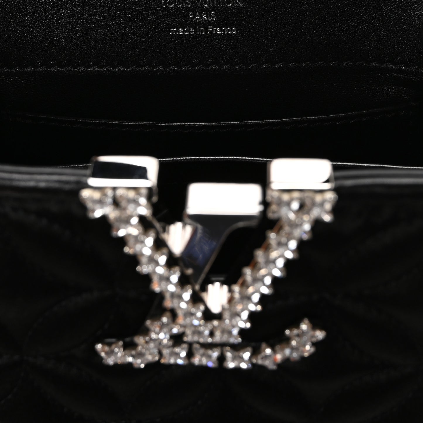 Satin Quilted Flower Crystal Mini Capucines Black