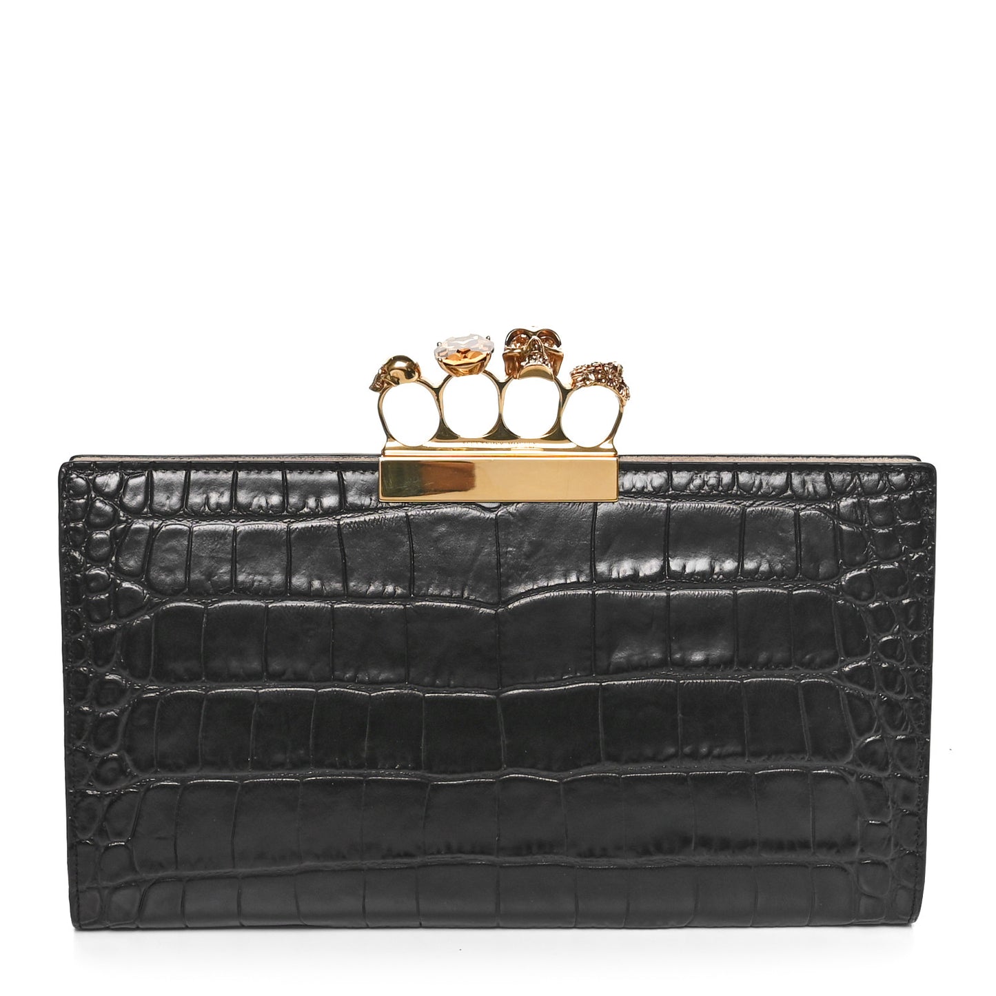 Calfskin Crocodile Embossed Knuckle Flat Clutch Black Gold