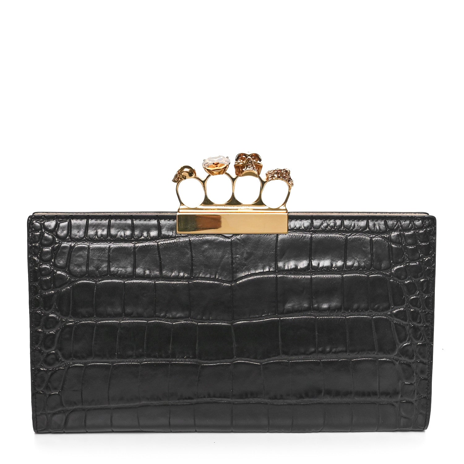 Alexander McQueen Calfskin Crocodile Embossed Knuckle Flat Clutch Black Gold 1 of 10