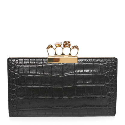 Alexander McQueen Calfskin Crocodile Embossed Knuckle Flat Clutch Black Gold 1 of 10