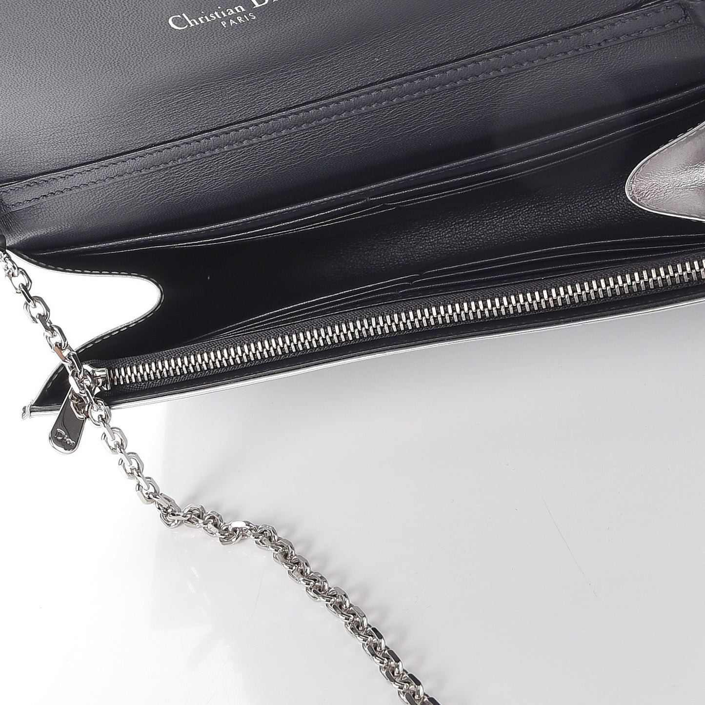Metallic Patent Micro-Cannage Lady Dior Croisiere Chain Wallet Silver