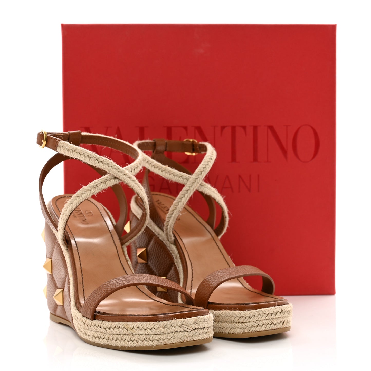 Grained Calfskin Roman Stud Espadrille Wedge Ankle Wrap Sandals 39.5 Selleria