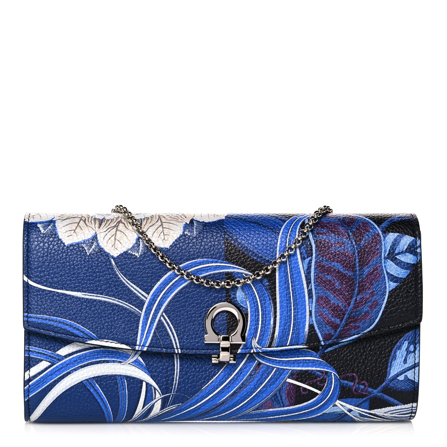 Grained Calfskin Floral Print Gancio Shoulder Bag Blue Multicolor
