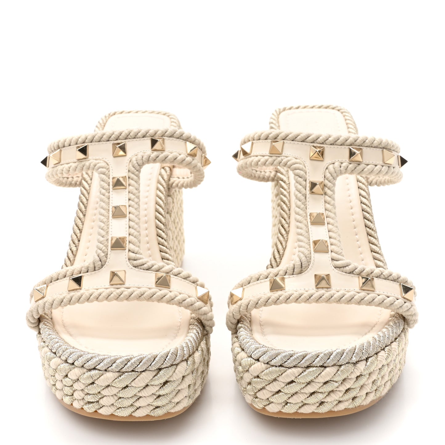 Calfskin Rockstud Ankle Strap Torchon Espadrille Caged 25/95mm Wedge Sandals 40 Light Ivory