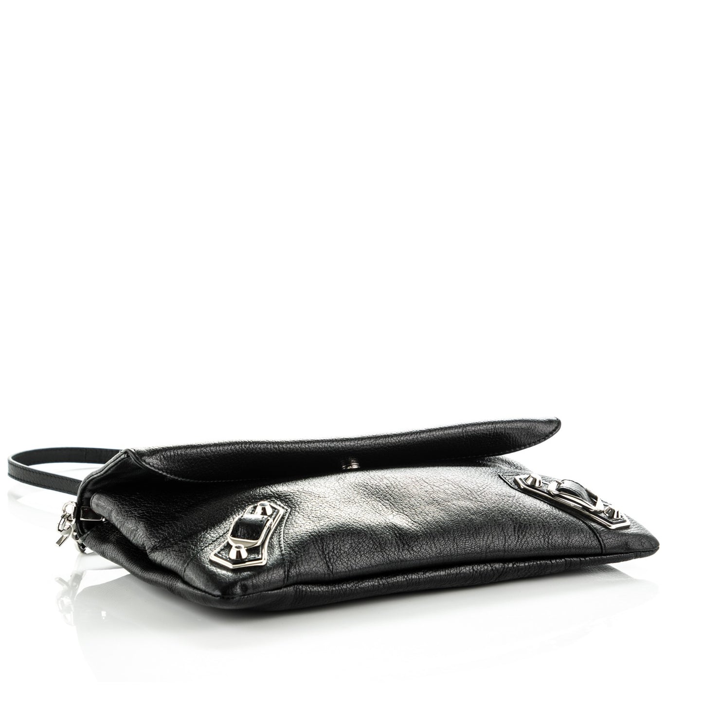 Chevre Silver Metallic Edge Hardware Envelope Clutch Black
