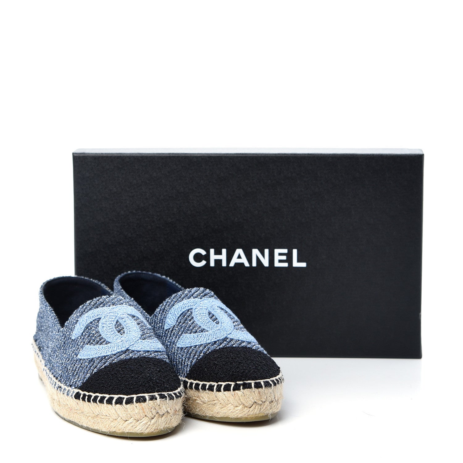 Chanel Cotton Tweed CC Espadrilles 36 Blue Ecru Black 11 of 11