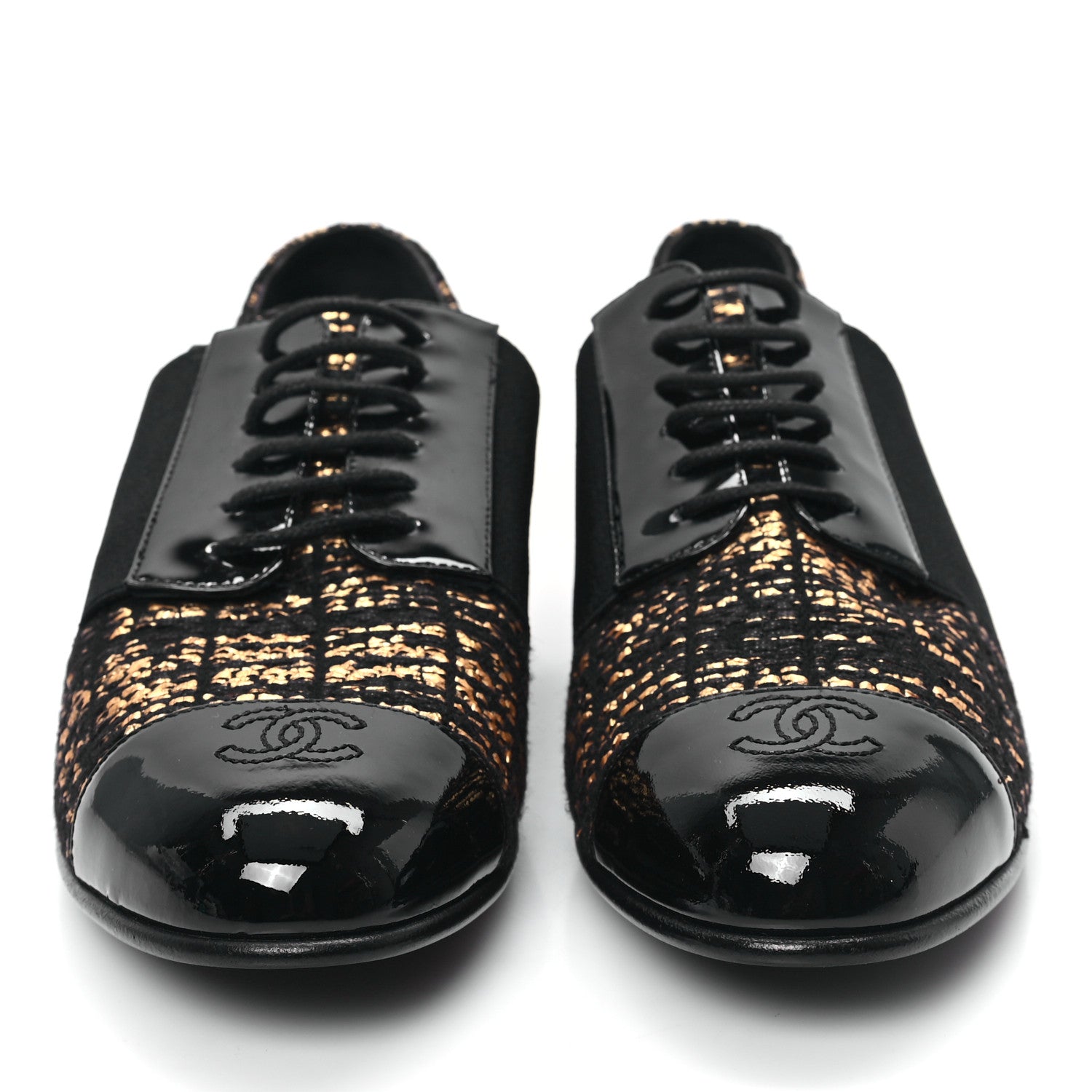 Chanel Tweed Patent CC Womens Lace Up Oxfords 39.5 Black Gold 2 of 8