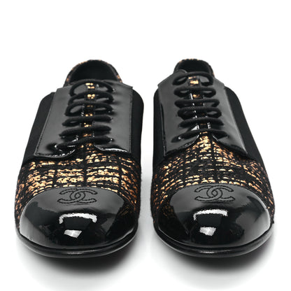 Chanel Tweed Patent CC Womens Lace Up Oxfords 39.5 Black Gold 2 of 8