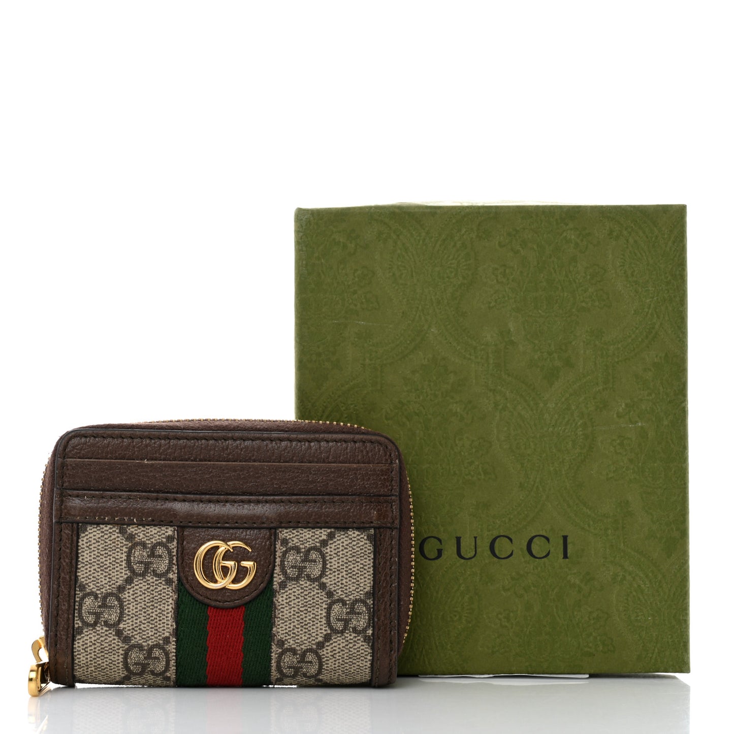 GG Supreme Monogram Textured Dollar Calfskin Web Ophidia Zip Around Card Case Wallet Beige Ebony New Acero