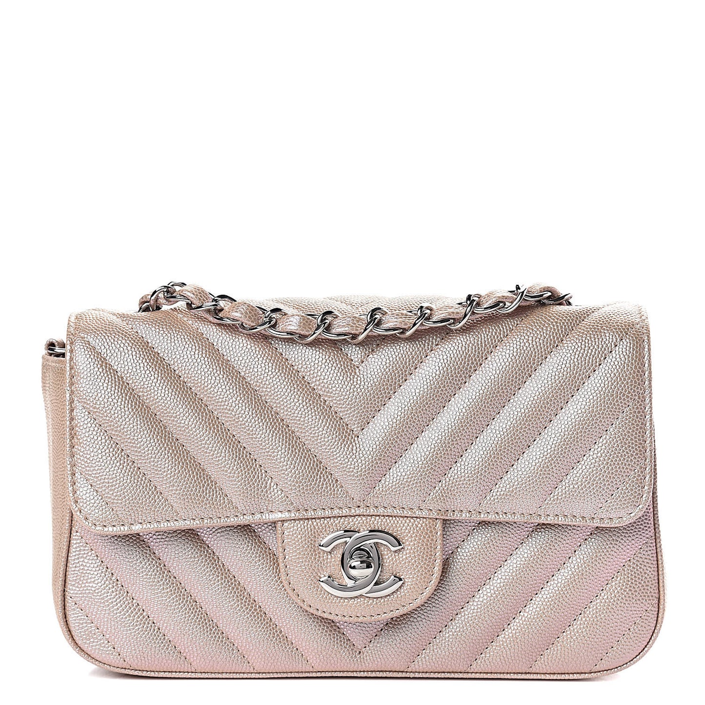 Iridescent Caviar Chevron Quilted Mini Rectangular Flap Light Gold