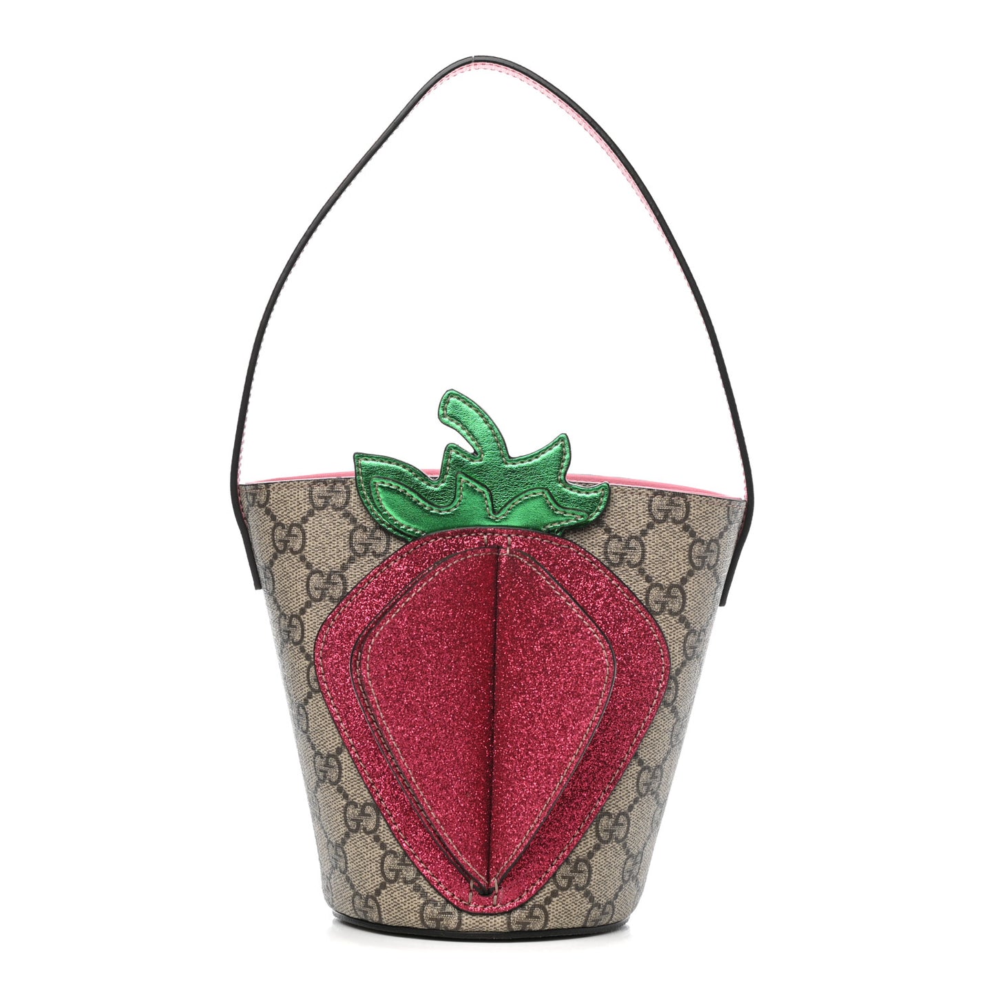 GG Supreme Monogram 3-D Strawberry Childrens Bucket Tote Beige Ebony Lotus Pink Fuxia Emerald