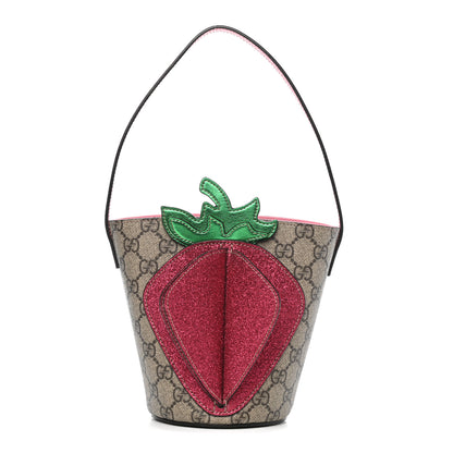 Gucci GG Supreme Monogram 3-D Strawberry Childrens Bucket Tote Beige Ebony Lotus Pink Fuxia Emerald 1 of 11