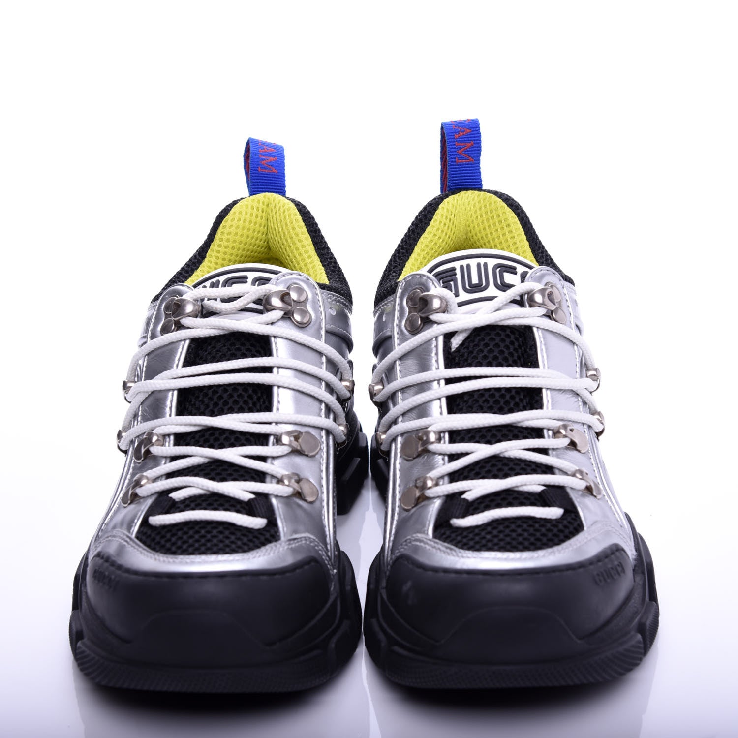 Gucci X SEGA Metallic Calfskin Mesh Womens Flashtrek Sneakers 35.5 Silver Black 2 of 9