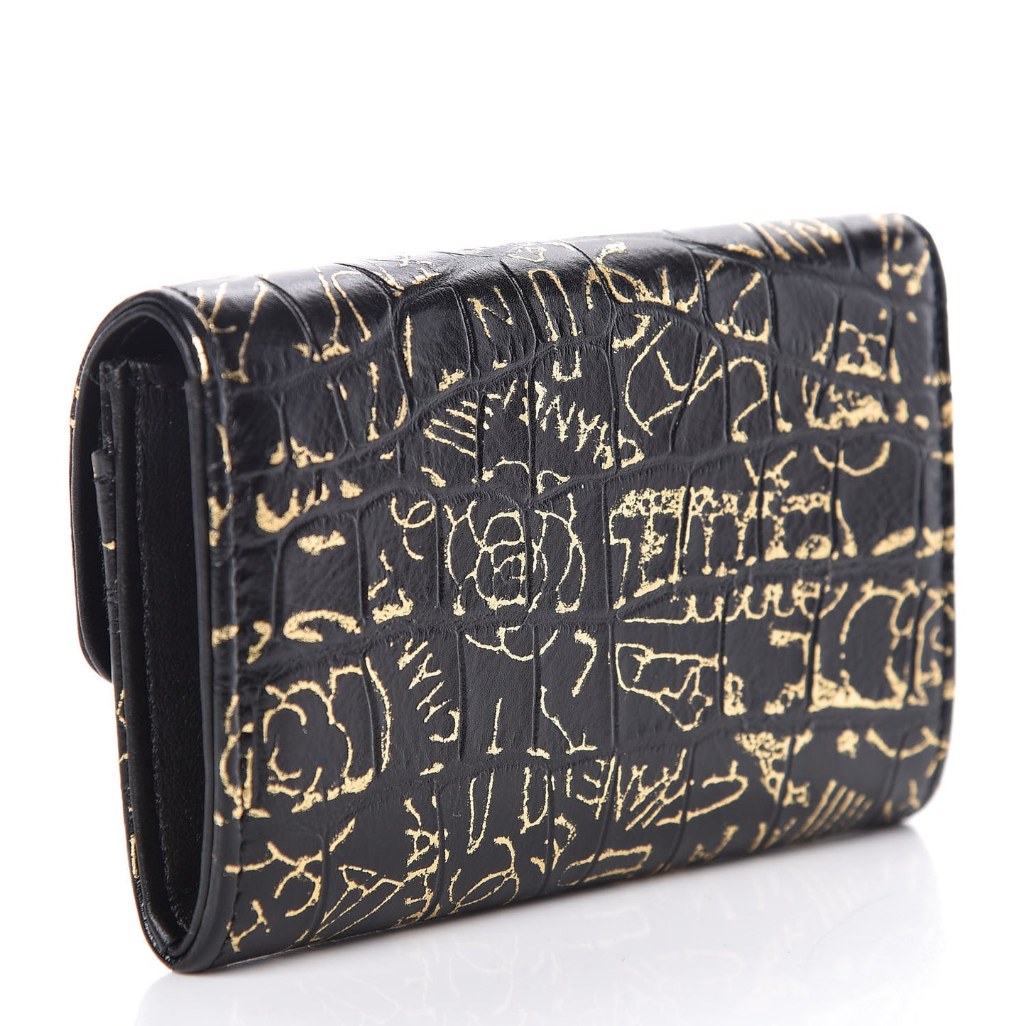Calfskin Crocodile Embossed Graffiti 2.55 Cocodile Reissue Flap Card Holder Black Gold