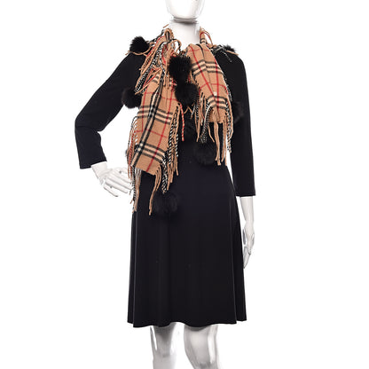 Burberry Cashmere Fox Fur Check Pom Pom Scarf 2 of 5