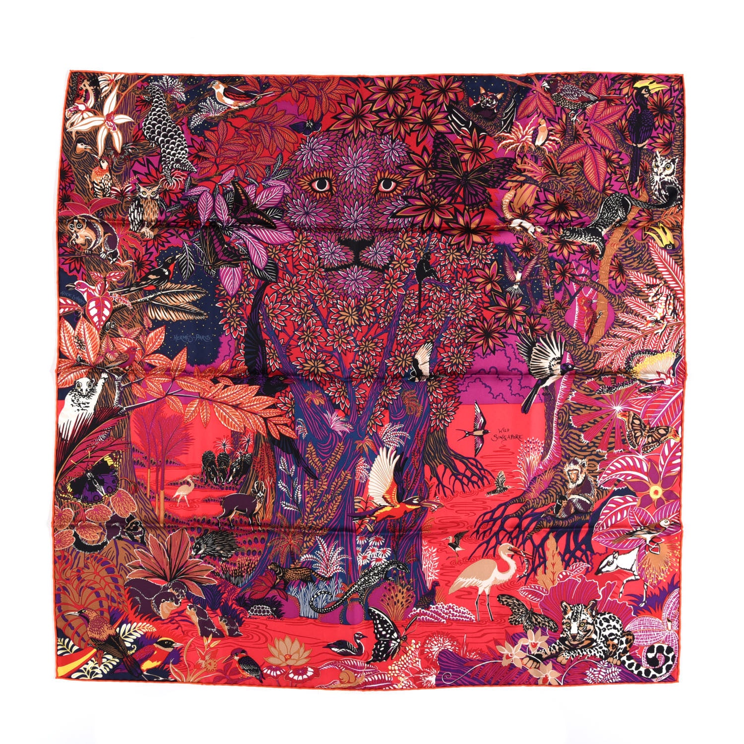 Hermes Silk Wild Singapore Scarf 90 Rouge Violet Beige 1 of 4