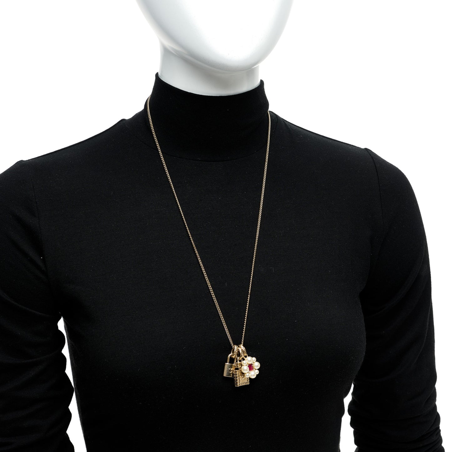 Crystal Pearl Lock Perfume Bottle CC Pendant Necklace Gold Red White