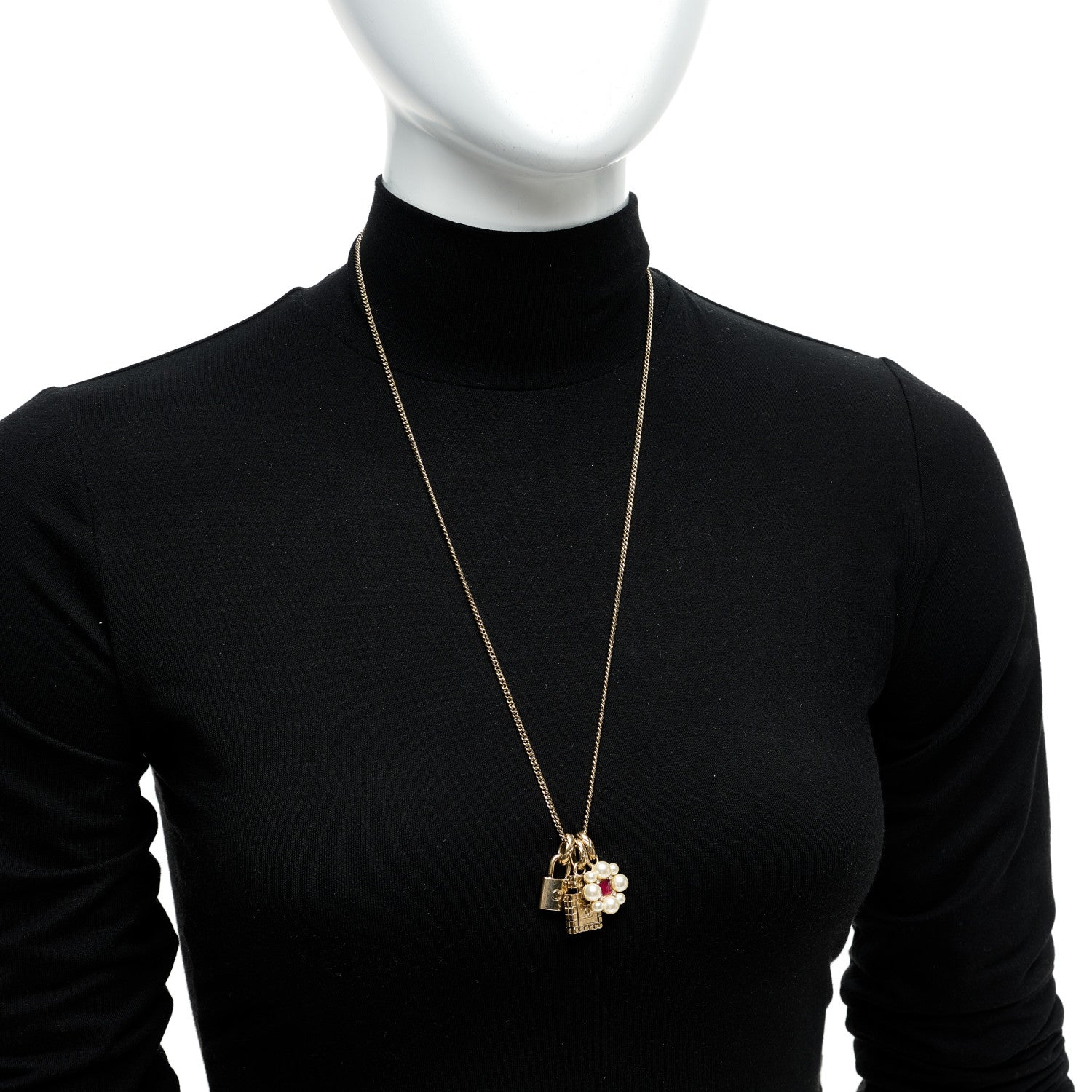 Chanel Crystal Pearl Lock Perfume Bottle CC Pendant Necklace Gold Red White 2 of 5