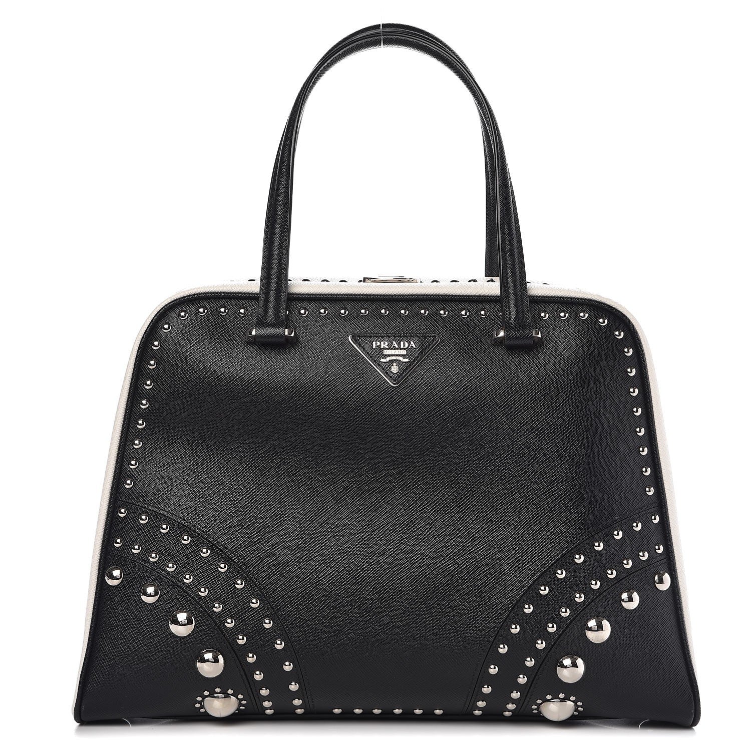 Prada Saffiano Studded Pyramid Bag Black White 1 of 9