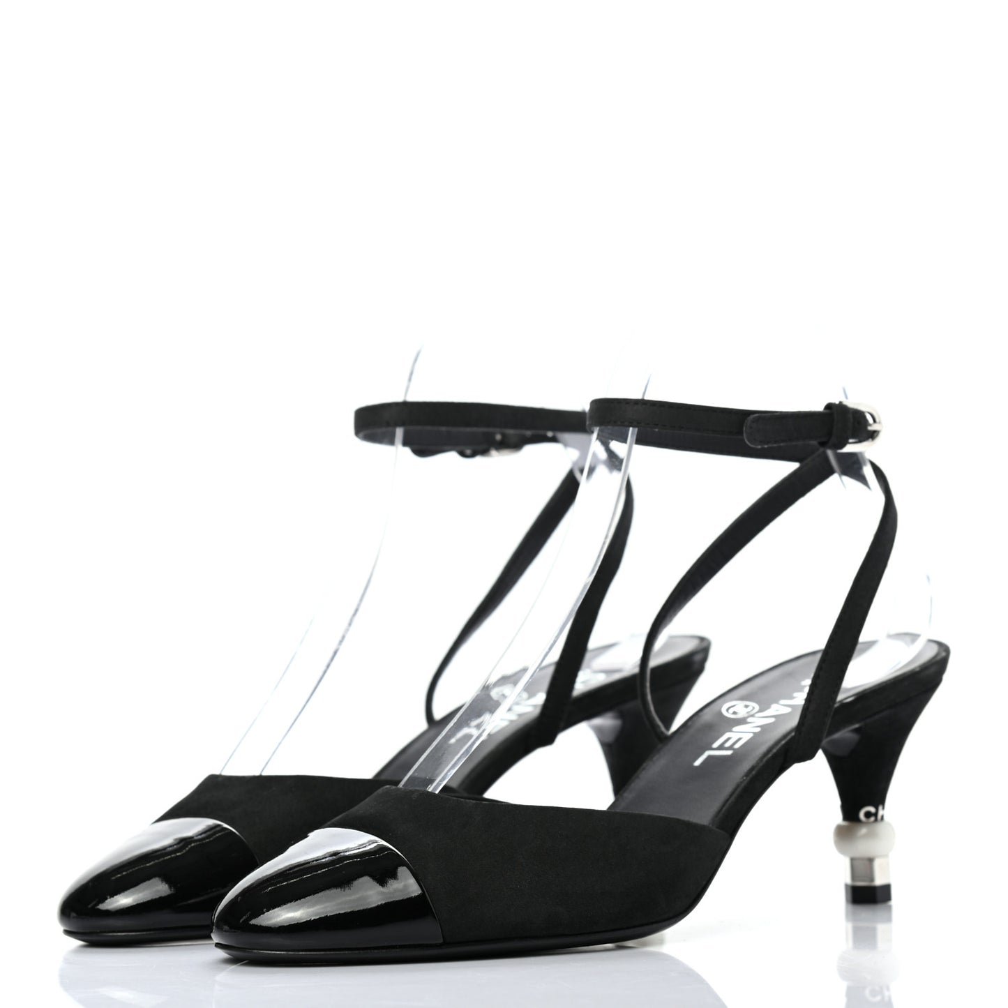 Suede Patent Calfskin Cap Toe Pearl Ankle Strap Pump 37.5 Black