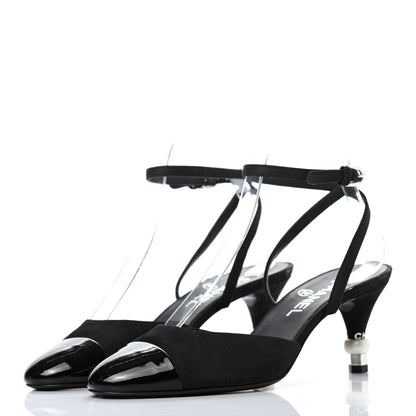 Chanel Suede Patent Calfskin Cap Toe Pearl Ankle Strap Pump 37.5 Black 3 of 9