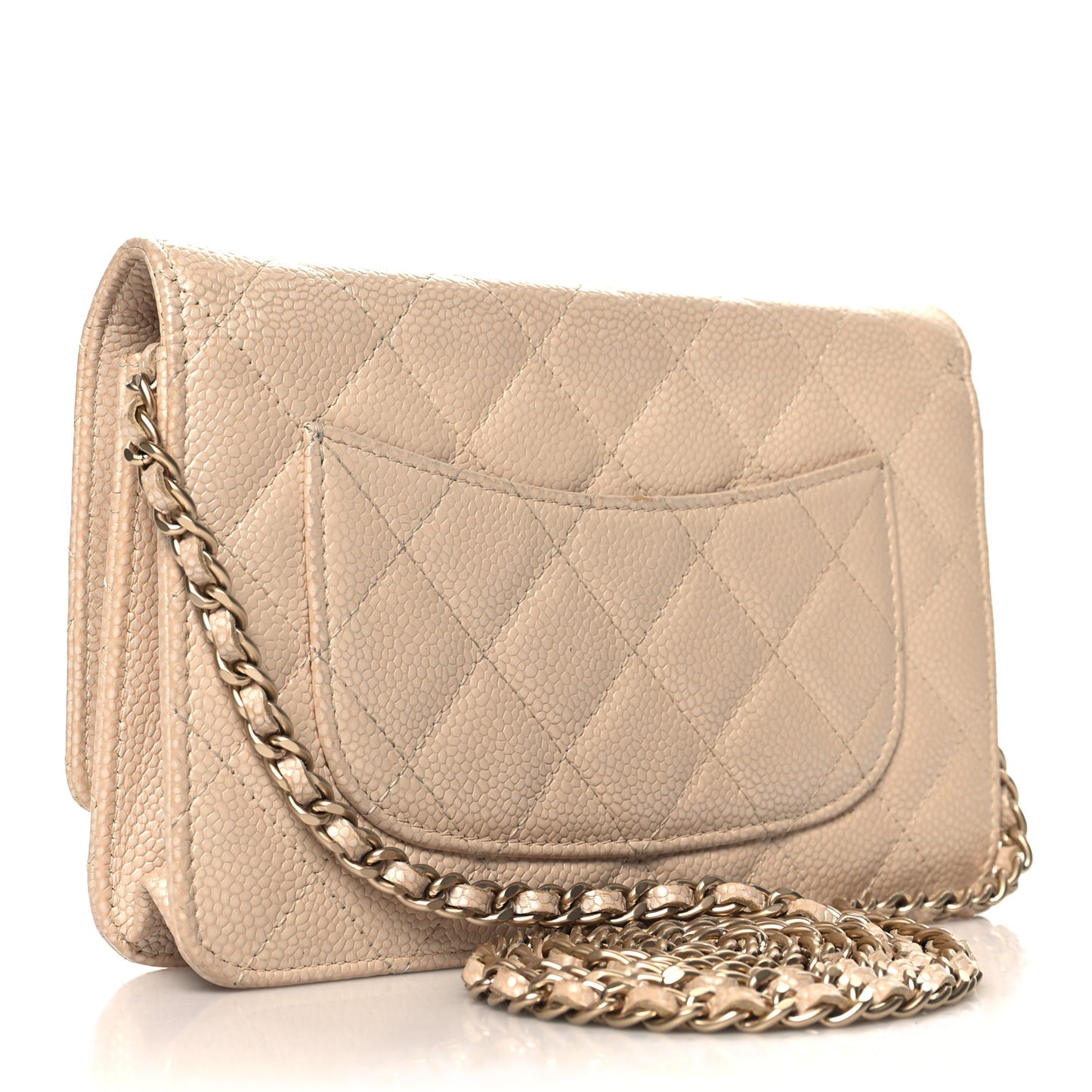 Pearly Caviar Quilted Wallet On Chain WOC Beige
