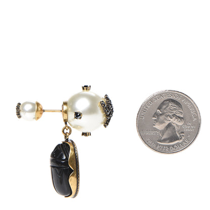 Christian Dior Crystal Pearl Tribales Beetle Charm Earring Aged Gold Black 2 of 6