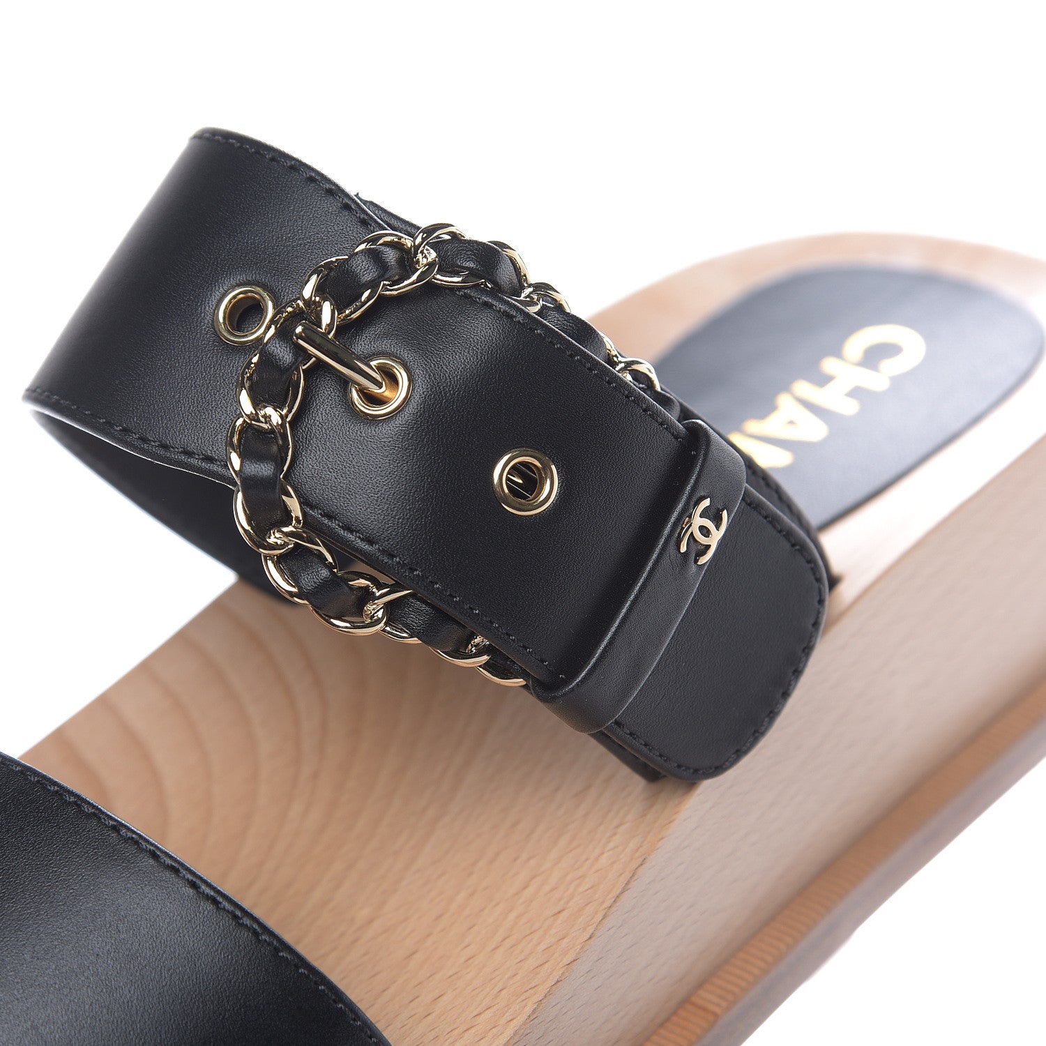 Chanel Calfskin Wood Buckle Sandals 37 Black 9 of 10