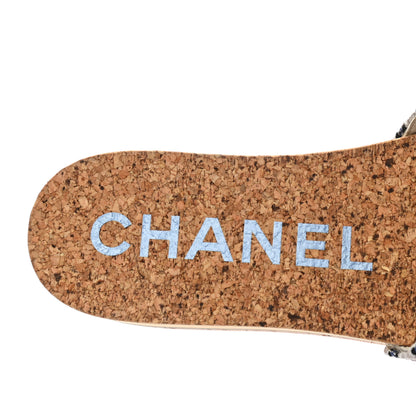 Chanel Tweed Mixed Fibers Cork CC Mule Sandal 36 Navy Blue White Blue 7 of 8