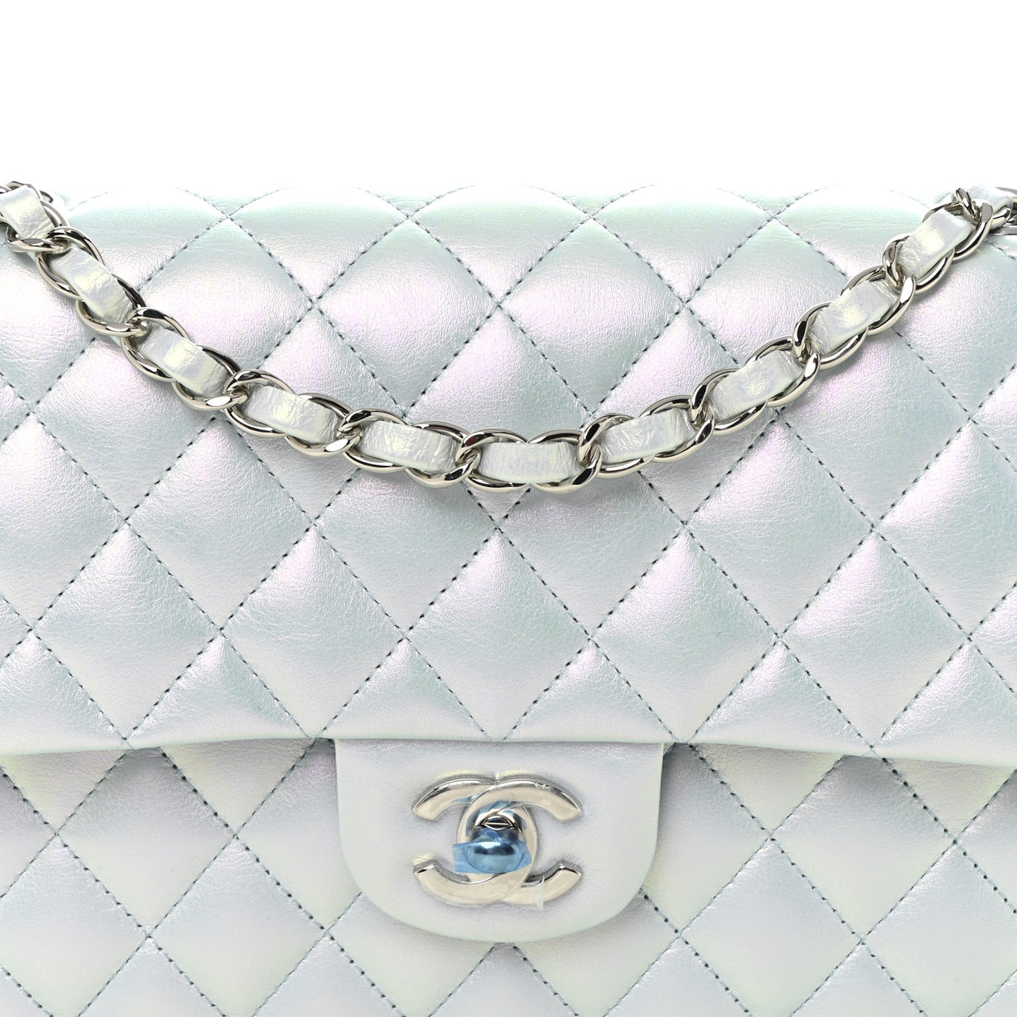 Iridescent Calfskin Quilted Medium Double Flap Light Blue