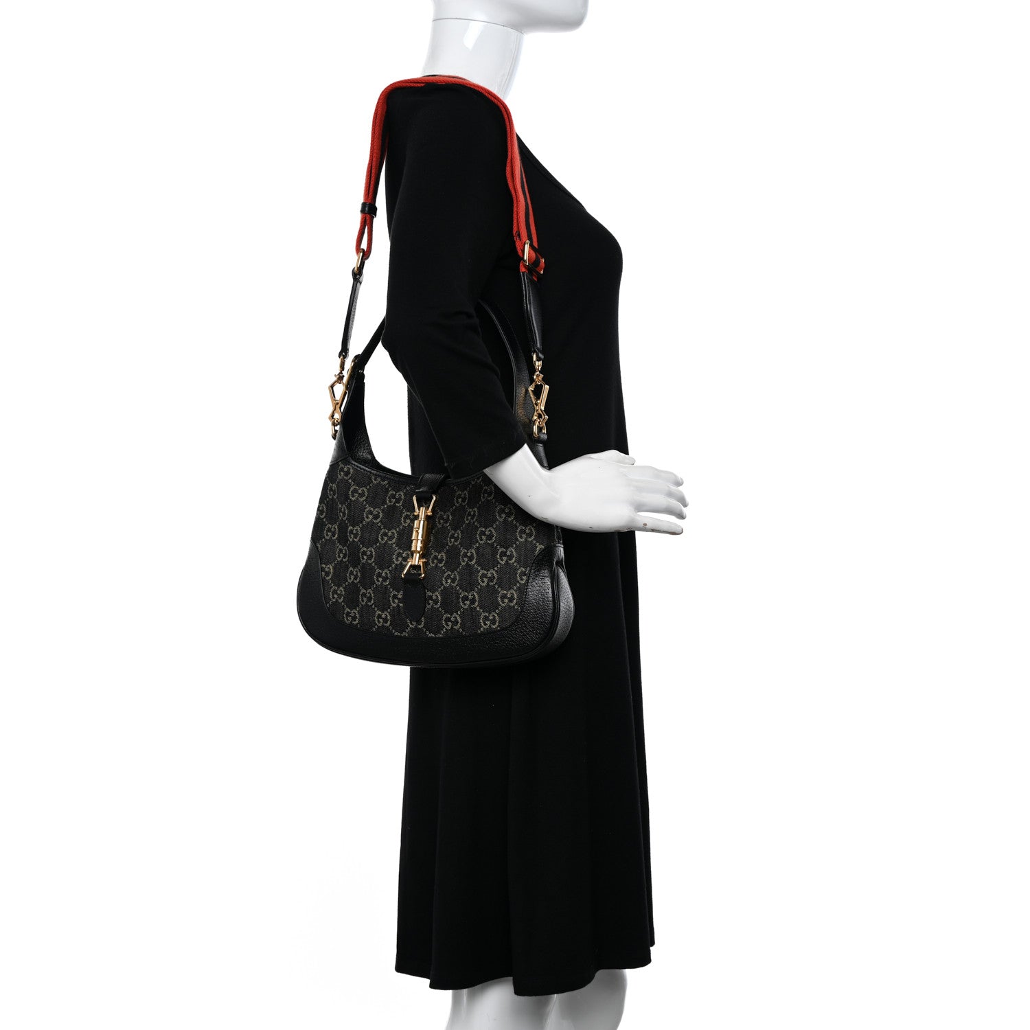 Gucci Jacquard Denim GG Monogram Small Jackie 1961 Hobo Black Ivory 2 of 11
