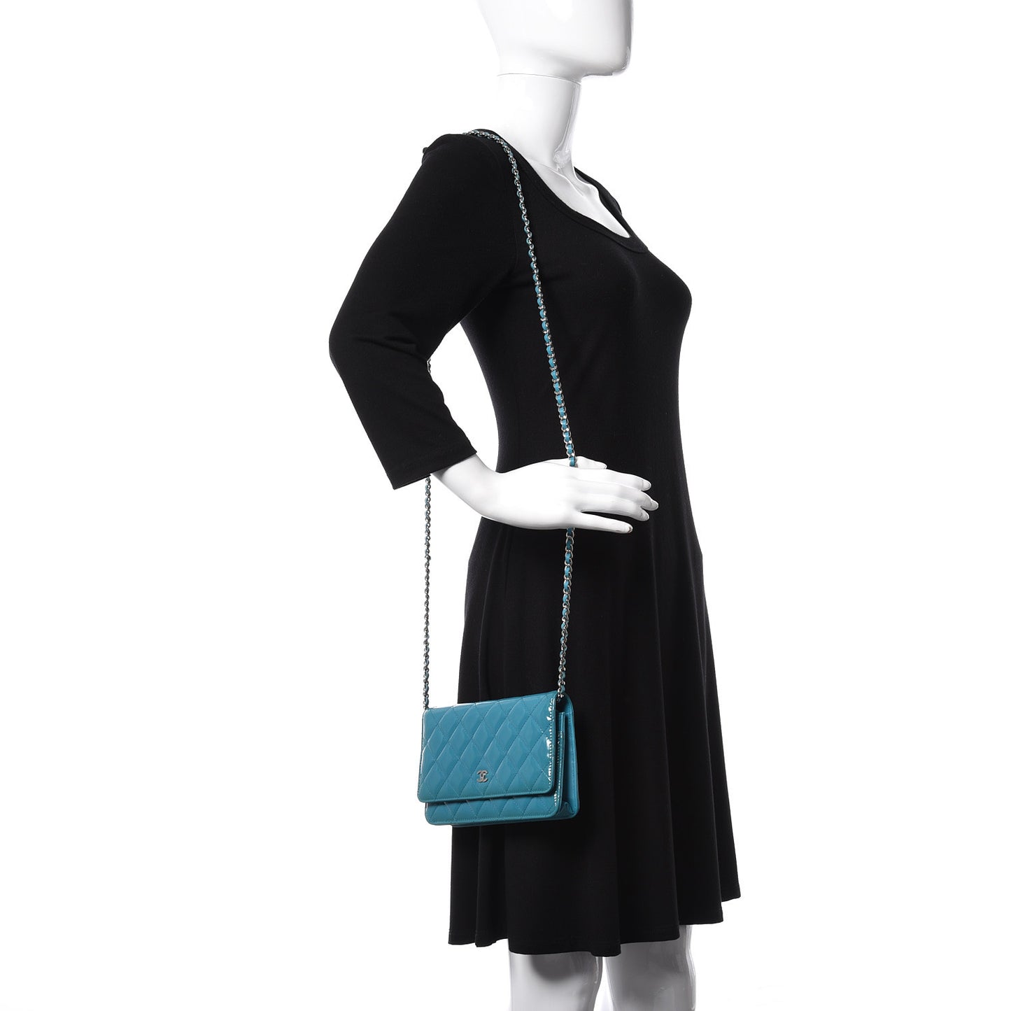 Patent Quilted Wallet On Chain WOC Turquoise Blue