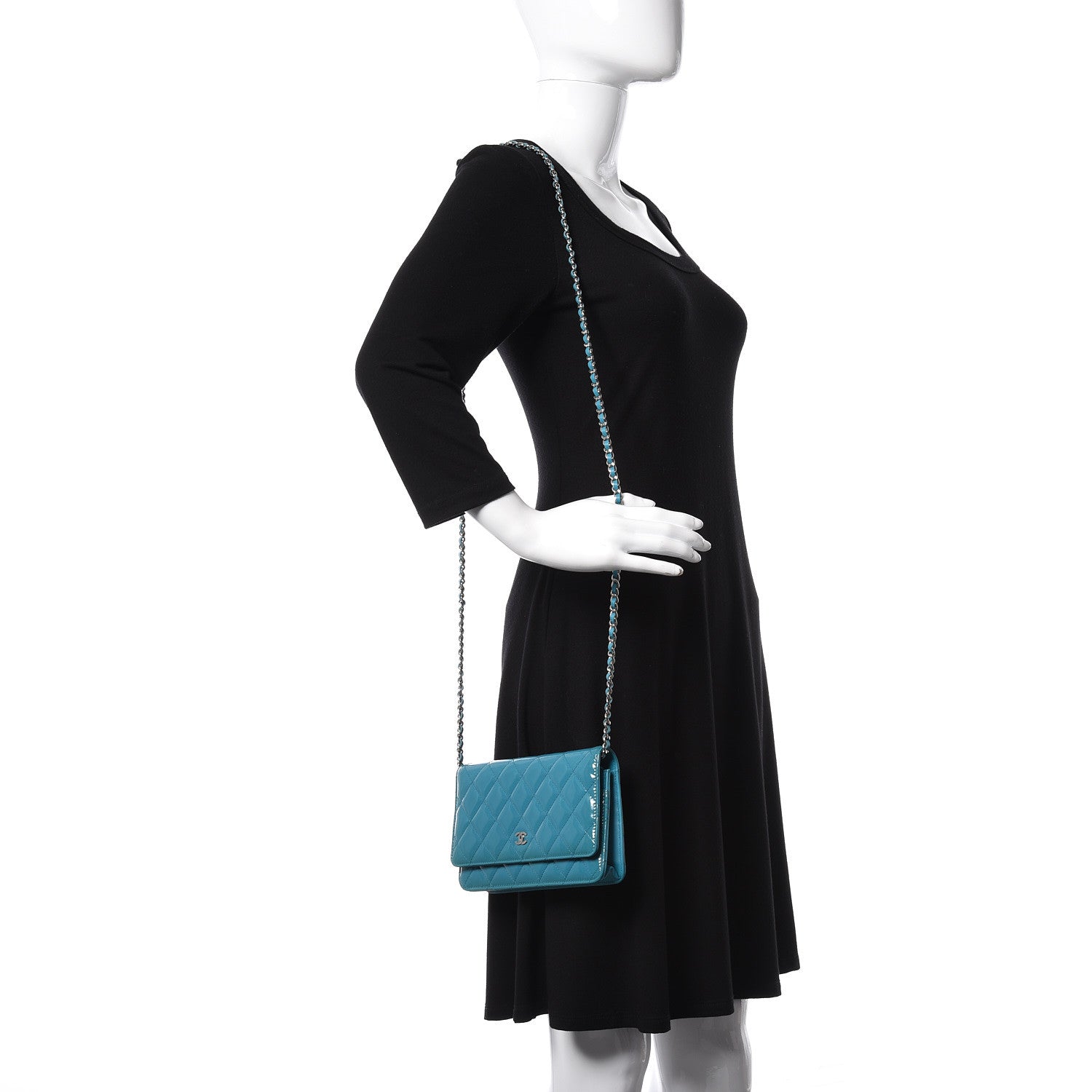 Chanel Patent Quilted Wallet On Chain WOC Turquoise Blue 2 of 11
