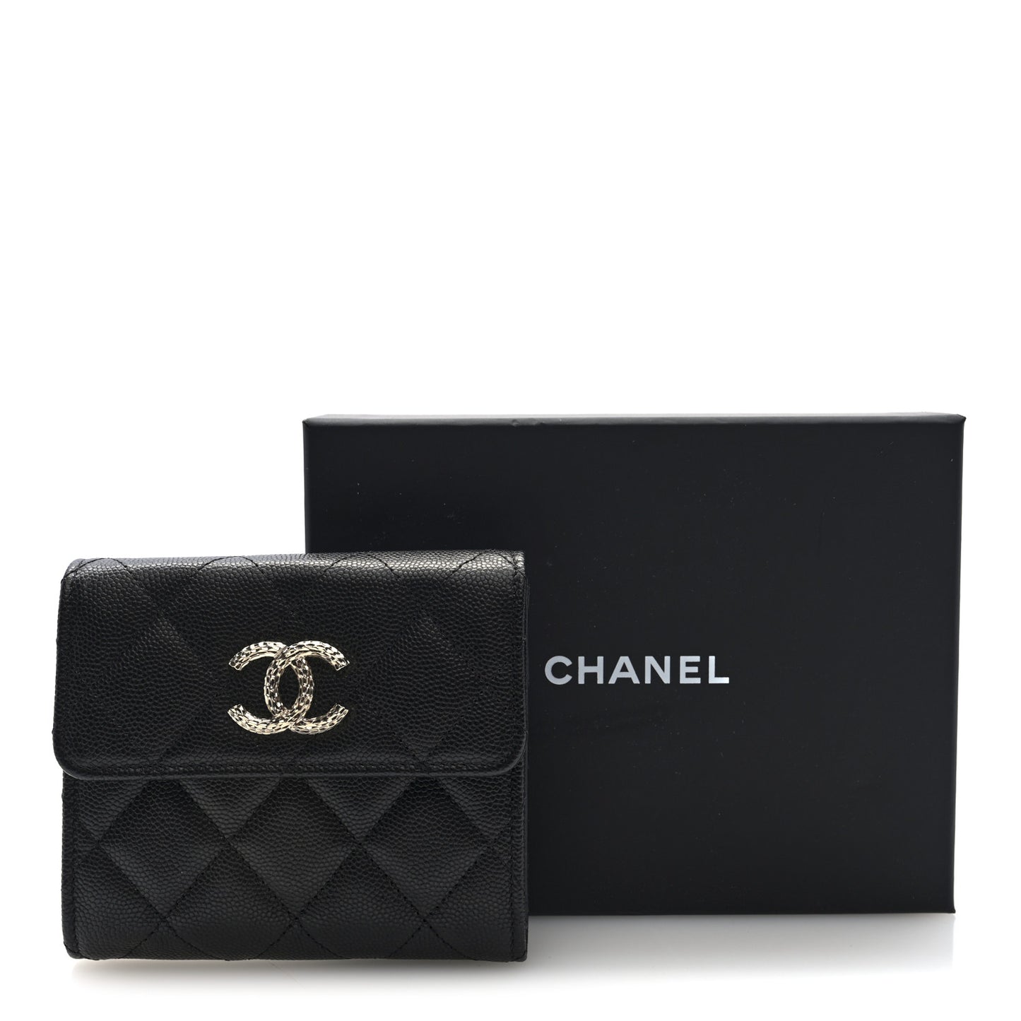 Caviar Quilted Chain Embossed Compact Flap Wallet Black