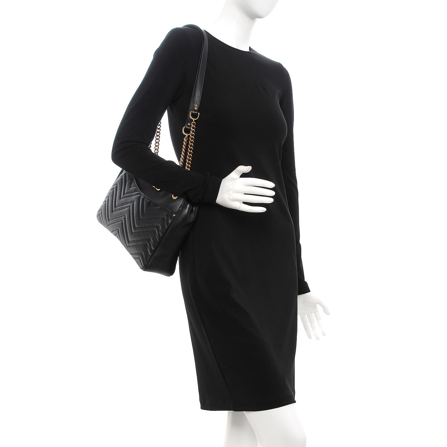 Gucci Calfskin Matelasse Medium GG Marmont Open Top Shoulder Bag Black 2 of 12
