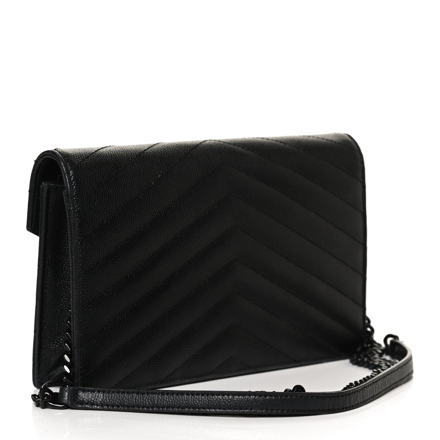 Saint Laurent Grain De Poudre Matelasse Chevron Monogram Envelope Chain Wallet Black 3 of 12