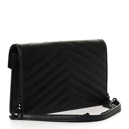 Saint Laurent Grain De Poudre Matelasse Chevron Monogram Envelope Chain Wallet Black 3 of 12